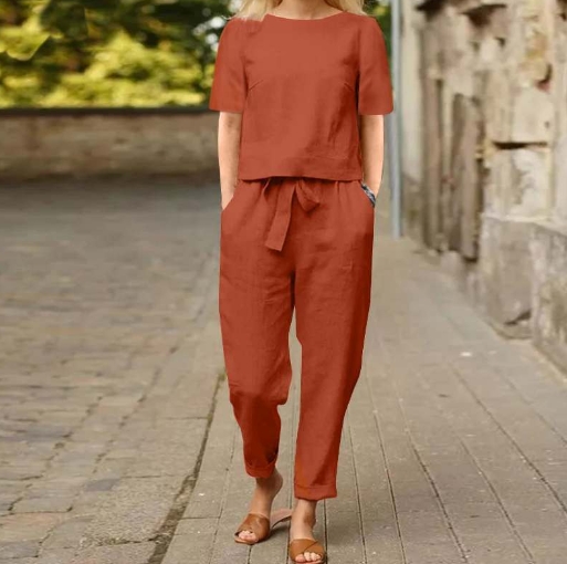 Cotton and linen summer matching set, half sleeved wide leg pants retro set