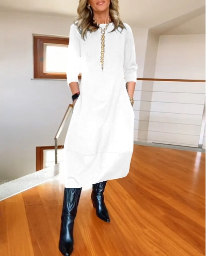 Elegant temperament, solid color, loose round neck, long sleeved women's dress