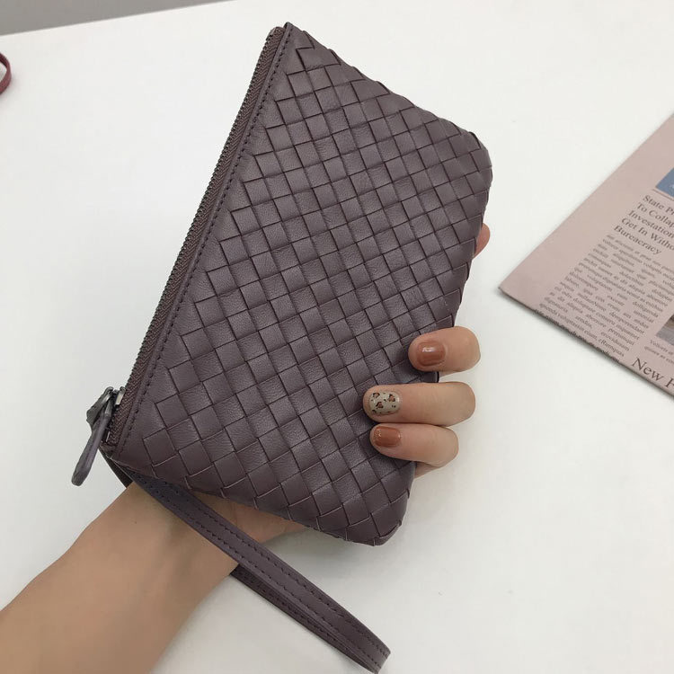 Woven Leather Zip Clutch Pouch