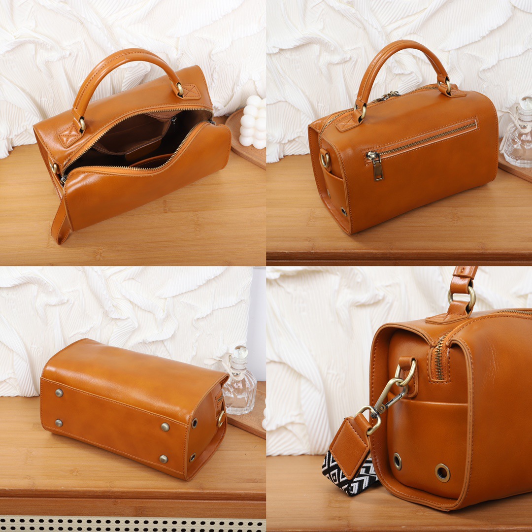 Women's Structured Brown Wide Strap Leather Top Handle Bag