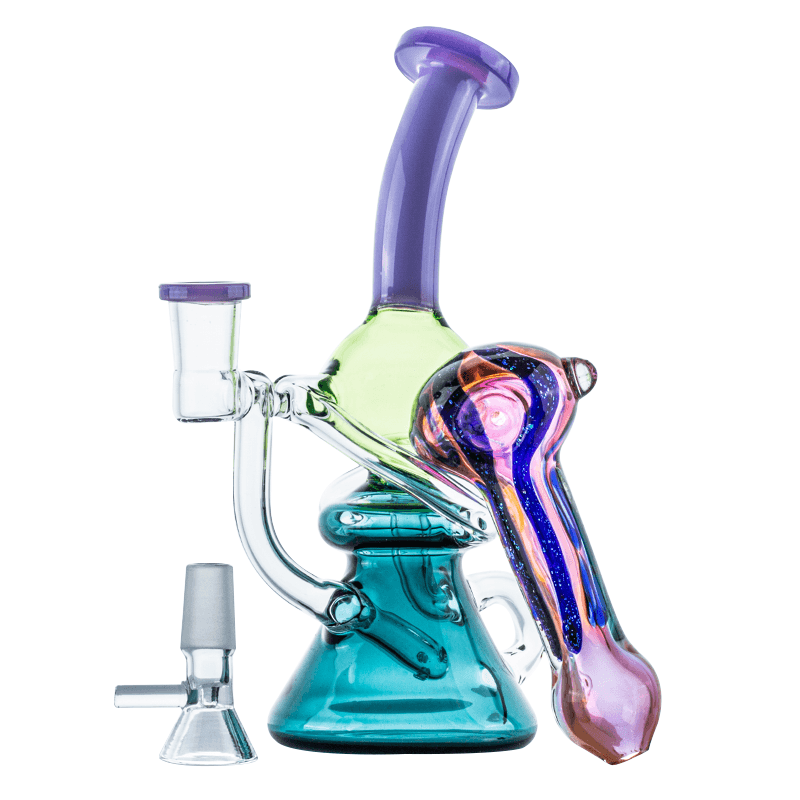 Colored Recycler Glass Dab Rig w/ Fumed Purple Spoon Pipe Set