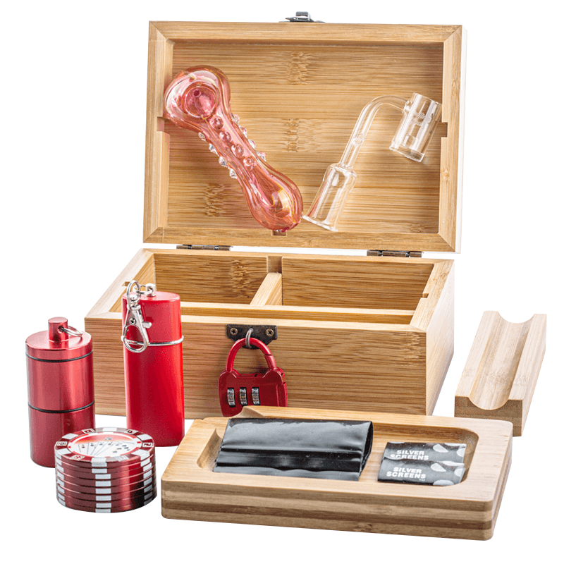 Wooden Stash Box Lock w/ Pink Glass Pipe Quartz Banger Set