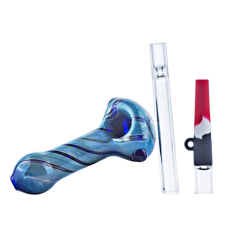 Heady Pattern Glass Pipe w/ Silicone Pipe Glass Chillum Set