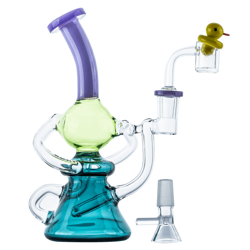 Colored Recycler Glass Dab Rig w/ Quartz Banger Ducky Cap Set