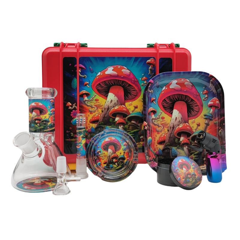 6-Piece Mini Beaker Bong Stash Box Kit - Patterned Case with Glass Accessories