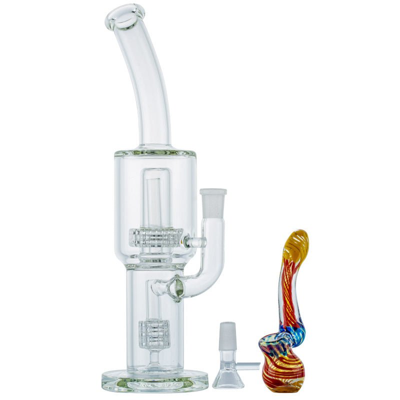 Double Matrix Perc Glass Bong w/ Spiral Sherlock Bubbler Set
