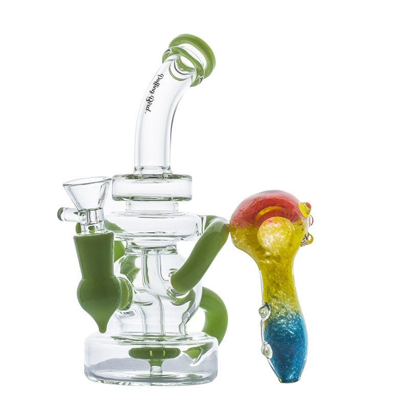 Green Recycler Dab Rig and Three-Toned Dichroic Glass Pipe Set
