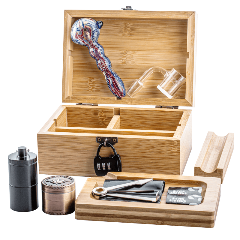 Retro Stash Box Lock w/ Fumed Glass Pipe Quartz Banger Set