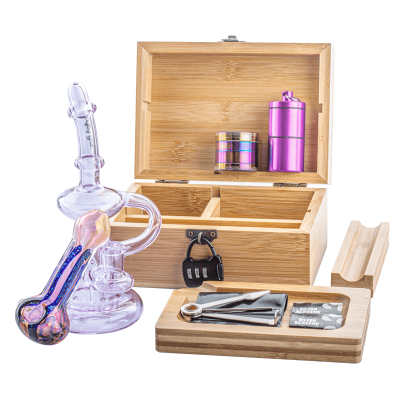 Wooden Stash Box Lock w/ Dab Rig Fumed Glass Pipe Set