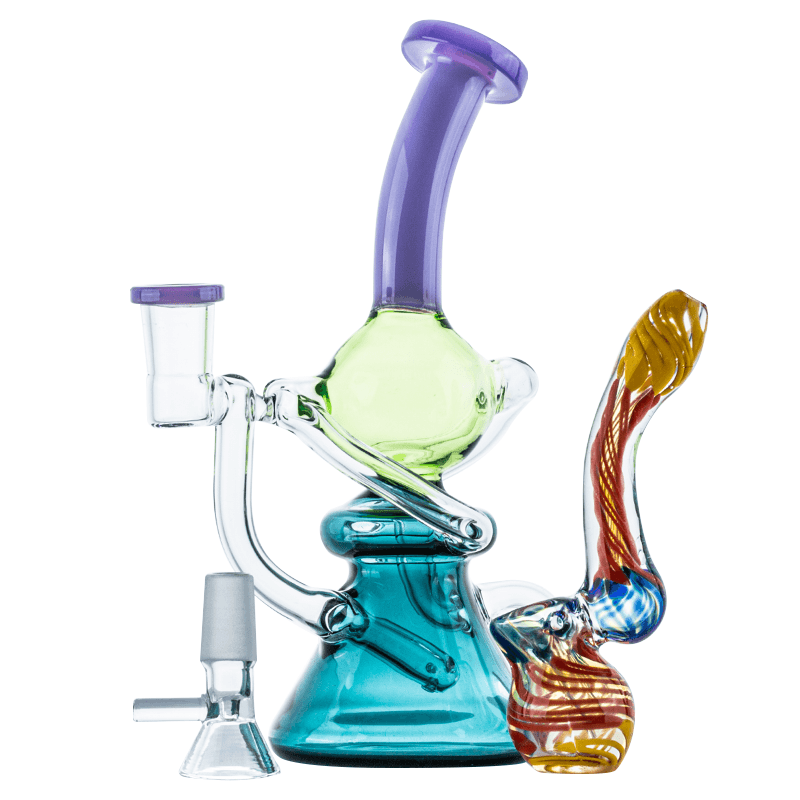Colored Recycler Glass Dab Rig w/ Spiral Color Sherlock Bubbler Set