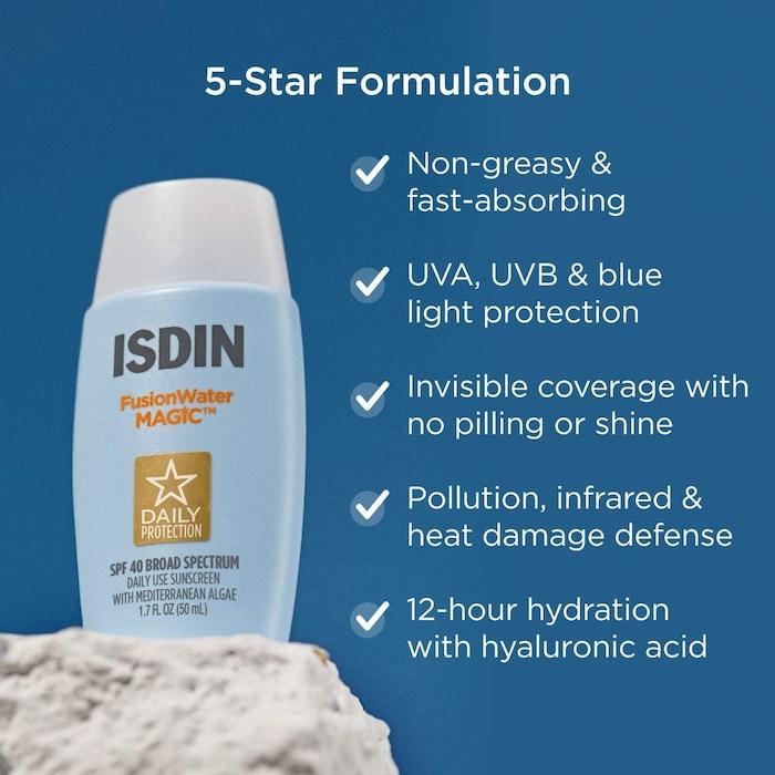 ISDIN Fusion Water Magic SPF 40 Sunscreen with Hyaluronic Acid and Vitamin E - 1.7 oz/50 mL