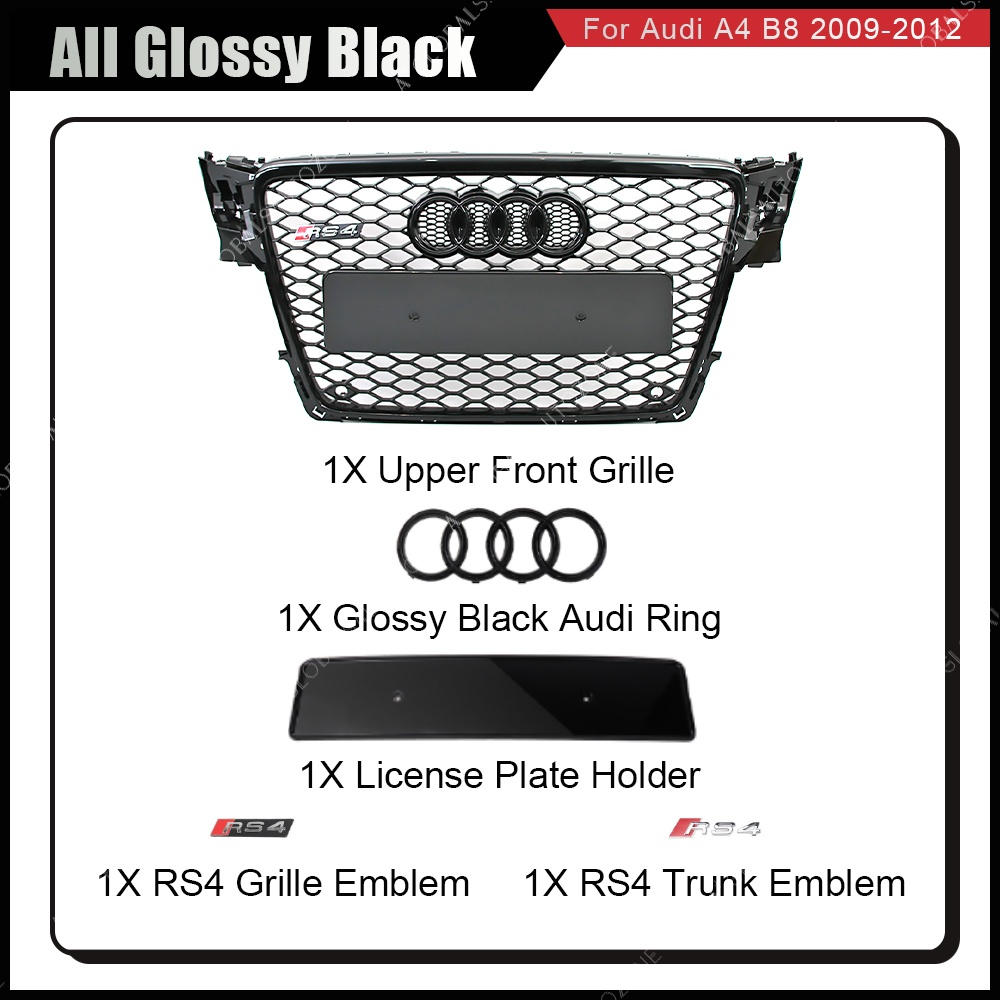 Glossy Black Honeycomb Sport Mesh RS4 Style Hex Front Bumer Grille Grill Black For Audi A4/S4 2009-2012 B8 8T