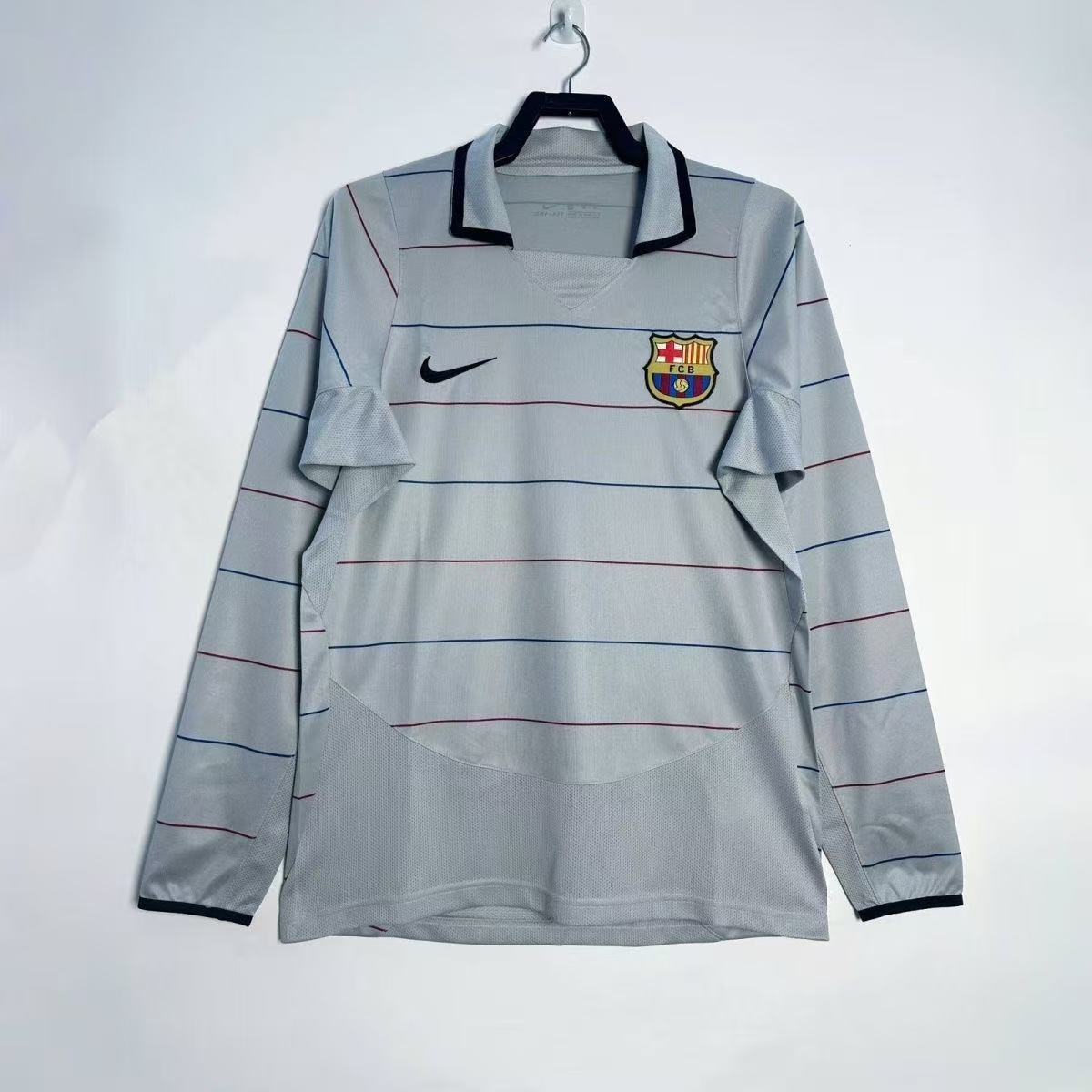FC Barcelona 2005/06 Away Jersey Long Sleeve – Retro Grey Stripe Collar Shirt | Vintage Barca Kit
