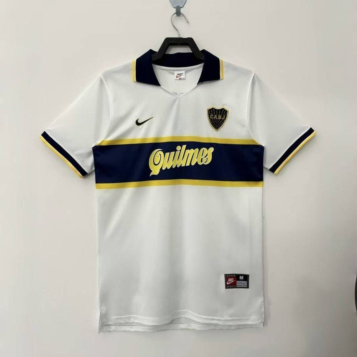 Boca Juniors 1996/97 Away Jersey – White with Navy Band & Yellow Trim Quilmes | Fan Version Short Sleeve