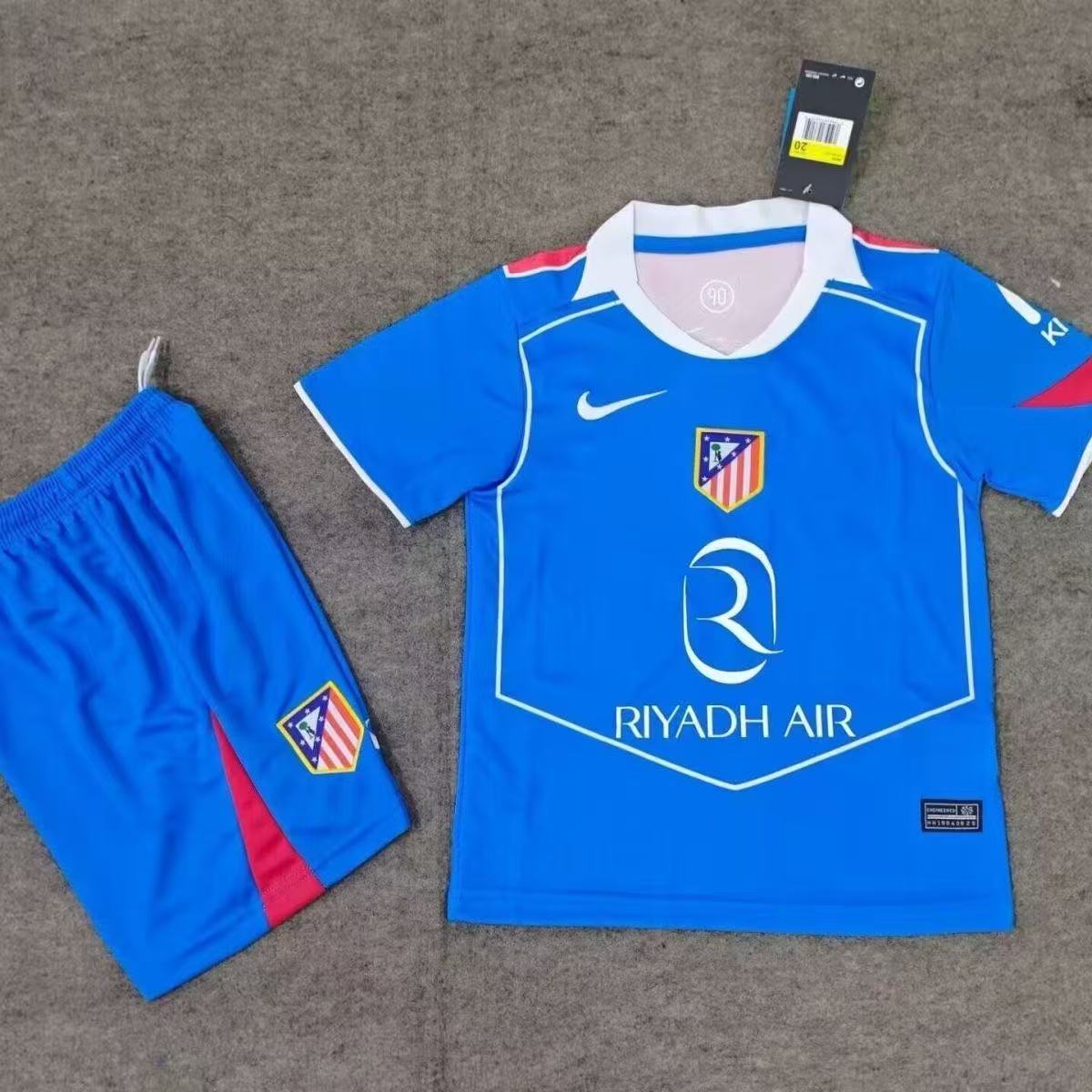 Atletico Madrid 25/26 Kids Away Jersey & Shorts Set Blue Red | Nike Riyadh Air Sponsor