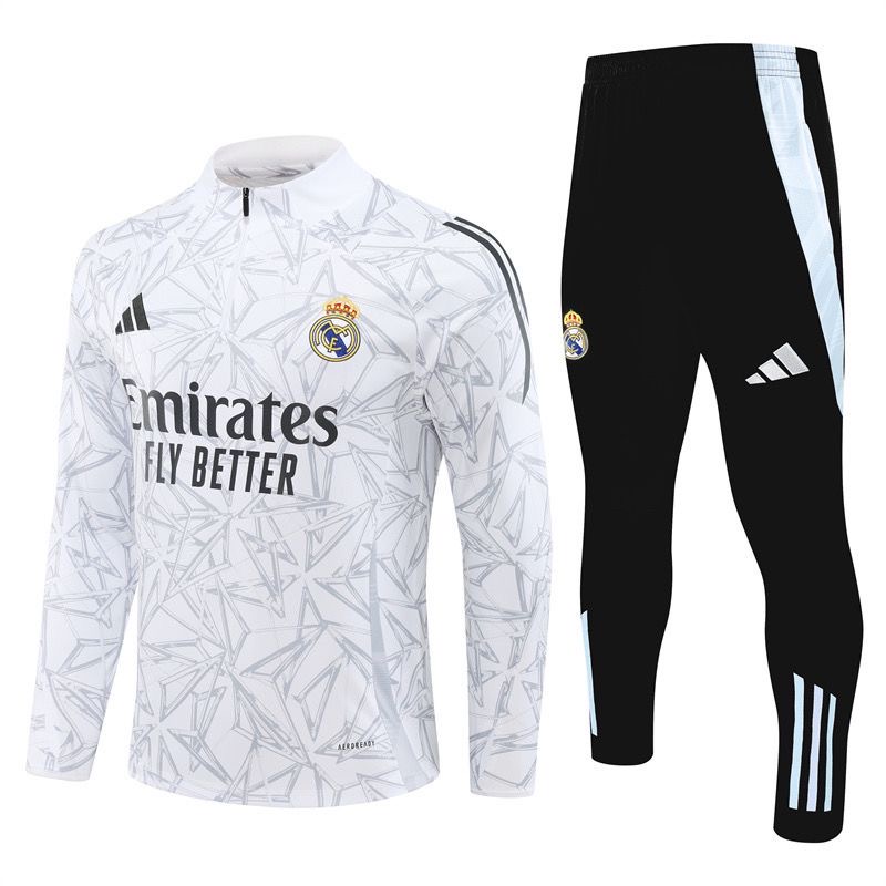 Real Madrid Training Tracksuit 2024/25 Player Version – White Long Sleeve Half Zip Training Set