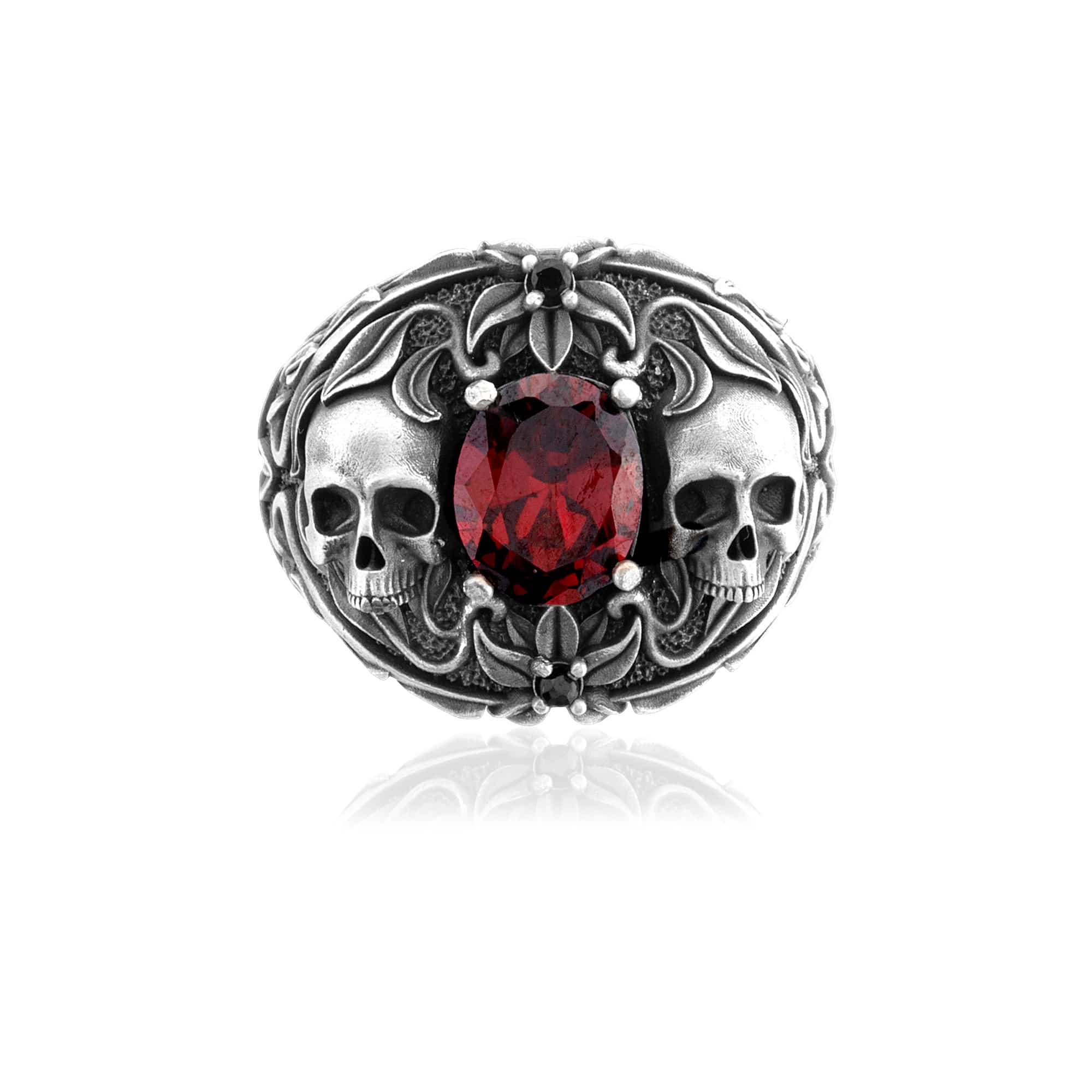 Garnet Twin Skulls Ring