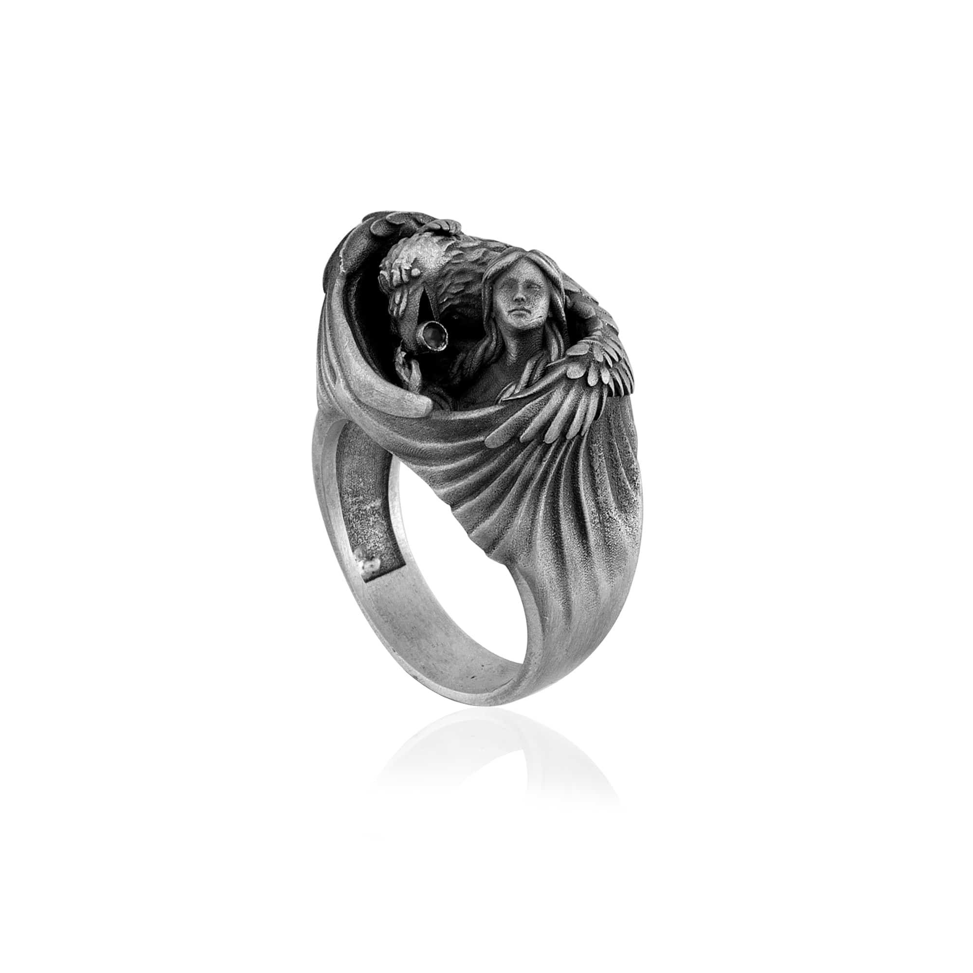 Winged Guardian Black Stone Ring