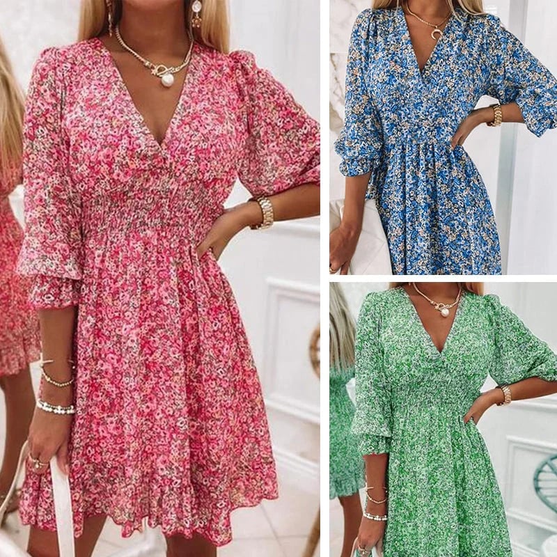HOT SALE 49% OFFPuff Sleeve Mid Waist Floral Dress