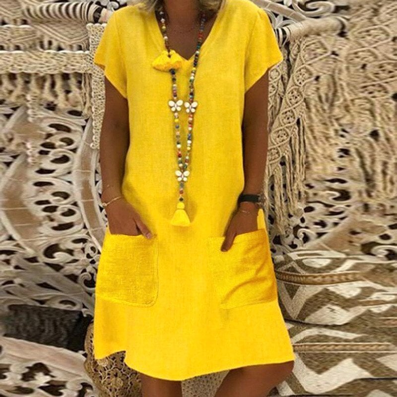 SUMMER HOT SALE-47% OFFV-neck Pocket Loose Midi Dress 9 colours 8 sizes (Buy 2 Free Shipping)