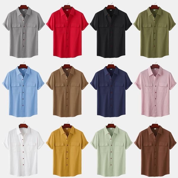 Mens solid colour casual flax short sleeve shirt
