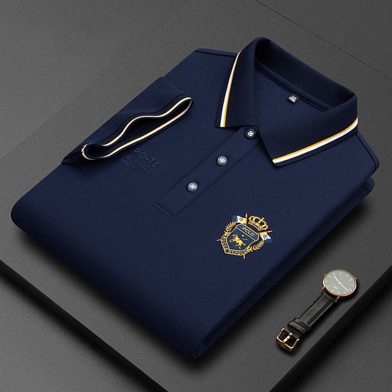 Mens Solid Color Business Lapel Embroidered Polo Shirt