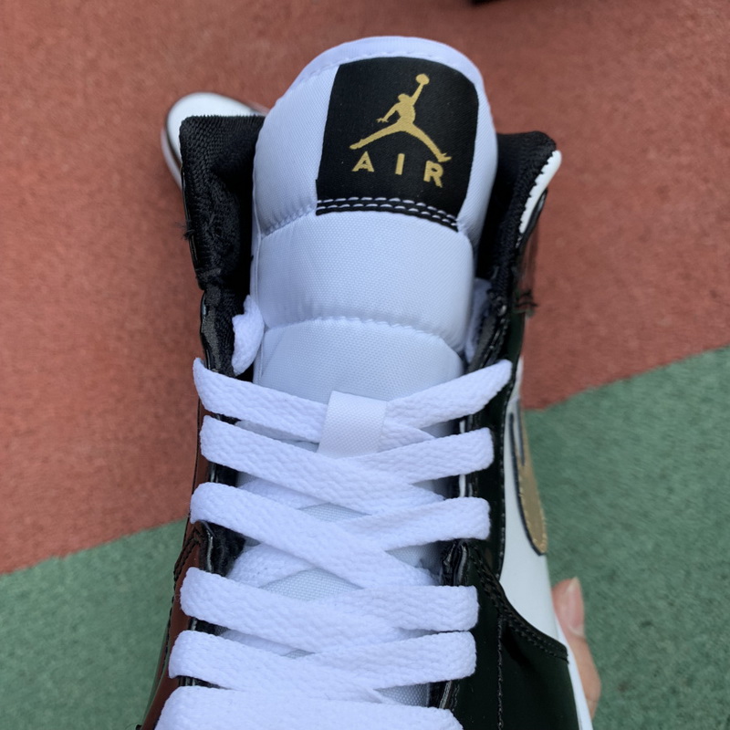 Jordan 1 Mid Patent Black White Gold