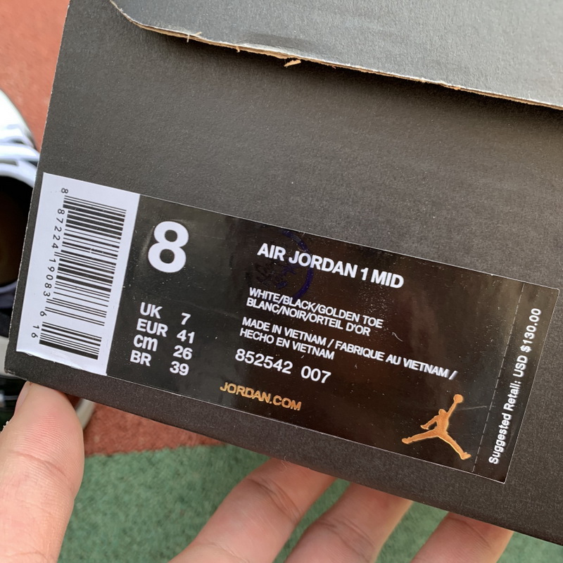 Jordan 1 Mid Patent Black White Gold