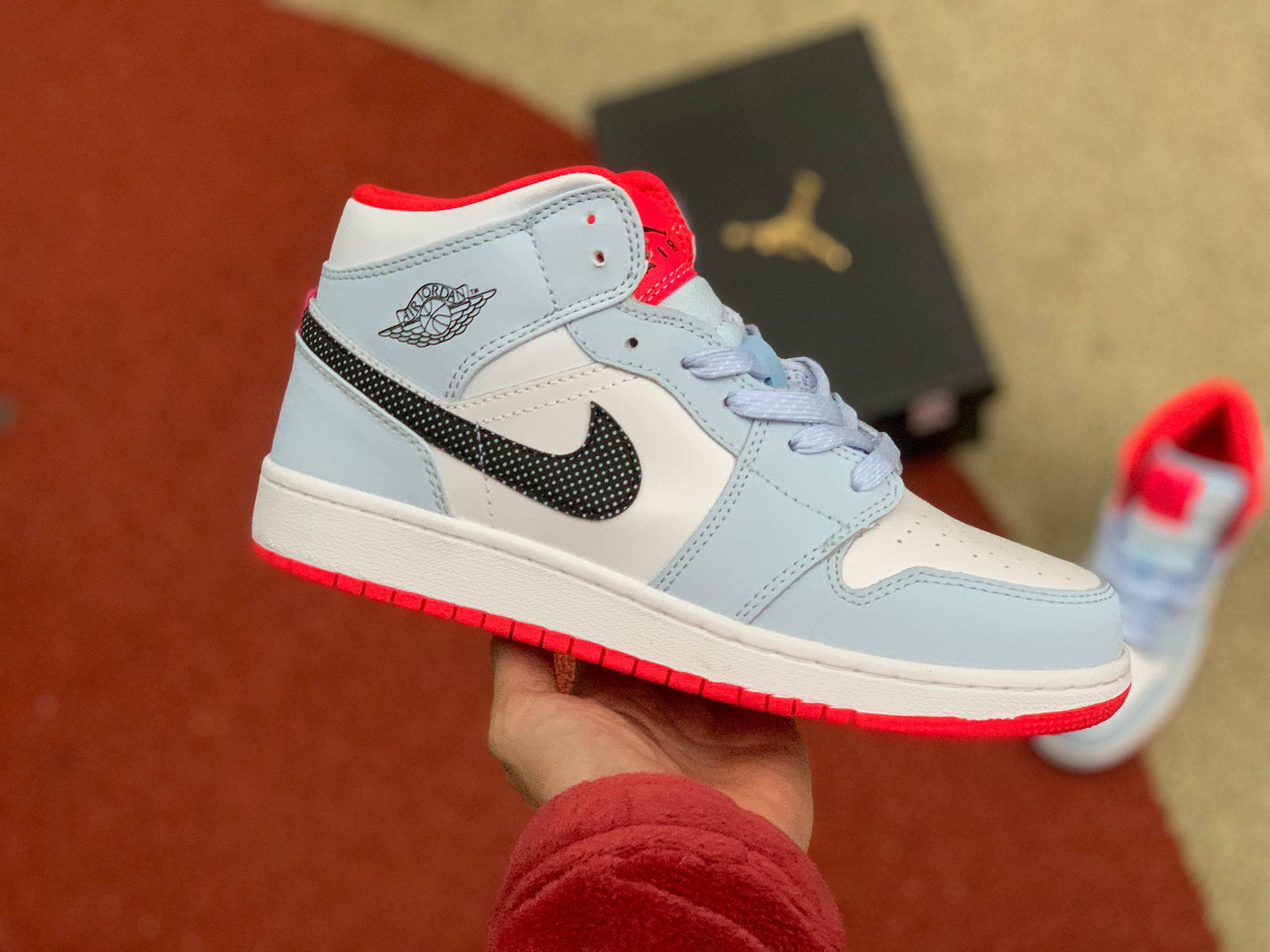 Jordan 1 Mid Half Blue Polka Dot Swoosh