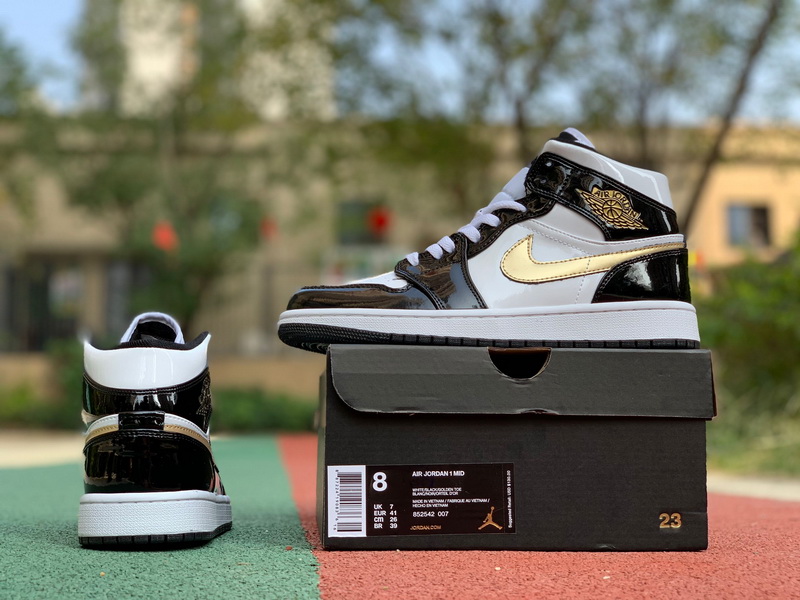 Jordan 1 Mid Patent Black White Gold