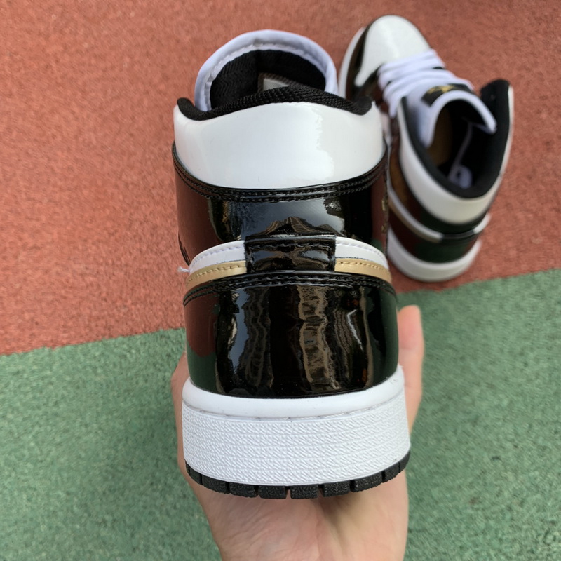 Jordan 1 Mid Patent Black White Gold