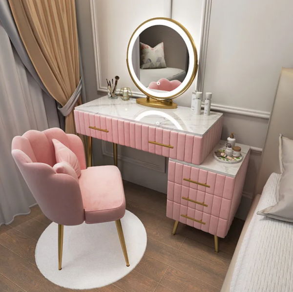 MODERN DRESSING TABLE SET WITH SLIDING ILLUMINATED MIRROR, DRESSING TABLE WITH 4 STORAGE DRAWER SHELVES, DRESSING TABLE AND CUSHION STOOL SET