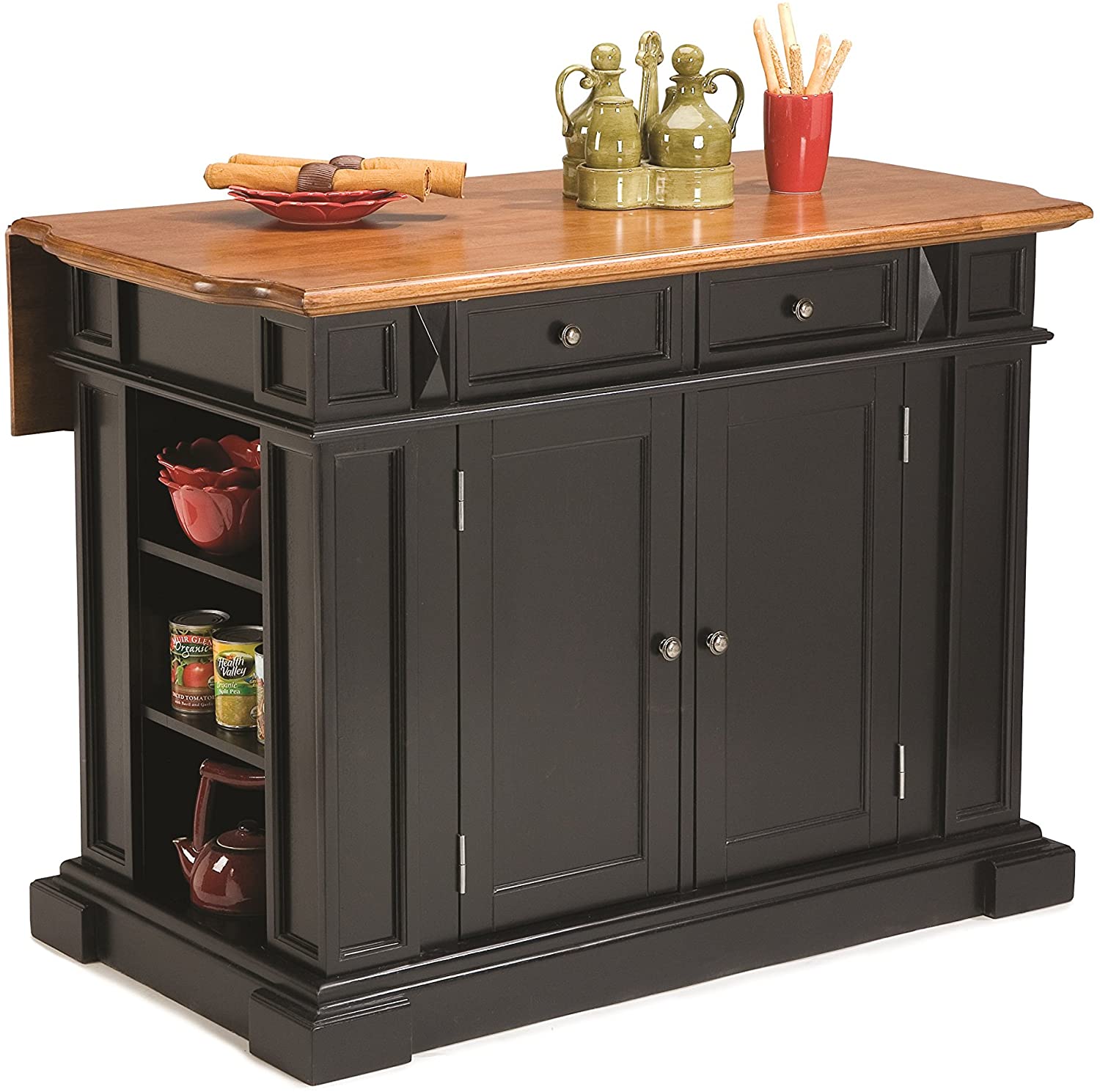 Homestyles Americana Kitchen Island with Wood Top and Drop Leaf Breakfast Bar, Storage with Drawers and Adjustable Shelves, 50 Inch Width, 49.75 inches