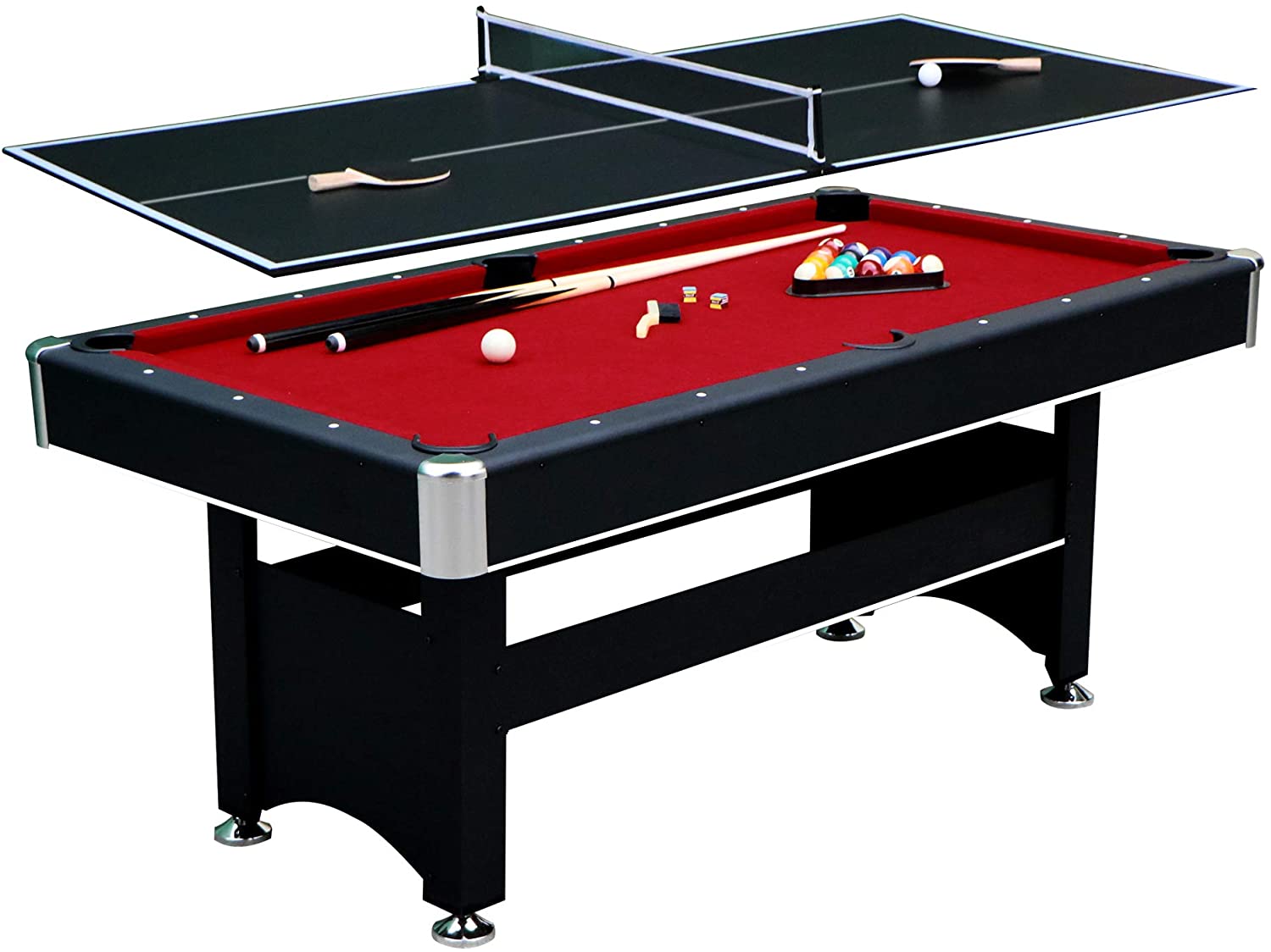 Hathaway Spartan 6-Ft Pool & Table Tennis Multigame Table for Family Recreation Game Rooms with Red Felt Playing Surface, All Accessories Included - Black Finish, 72 L x 38 W x 31 H
