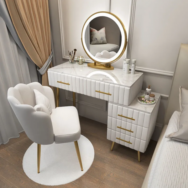 MODERN DRESSING TABLE SET WITH SLIDING ILLUMINATED MIRROR, DRESSING TABLE WITH 4 STORAGE DRAWER SHELVES, DRESSING TABLE AND CUSHION STOOL SET