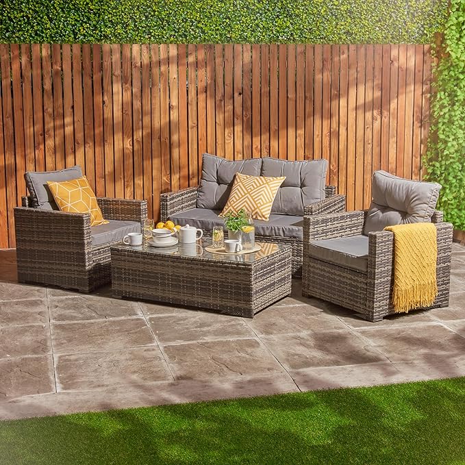 Home Treats Rattan Furniture Set 4 Seater  Garden Furniture Set  4 Piece Outdoor Patio Furniture Set With Sofa Table & Chairs  Grey Cushions 4 Seat Garden Lawn Set Waterproof