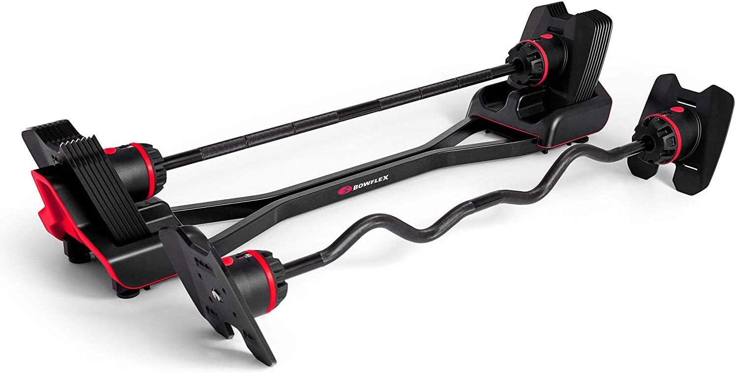 Bowflex SelectTech Adjustable Full Body Strength System Barbell and Curl Bar Bundle with Full Body Strength System Barbell Stand and Media Rack