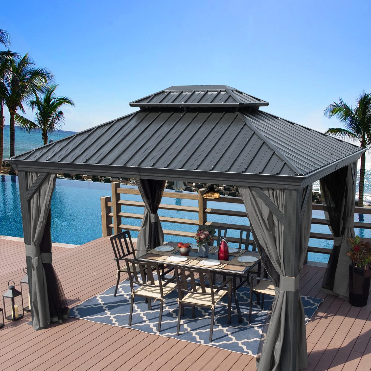 Kozyard Alexander 10' X 12' Hard Top Gazebo, Aluminum Metal Gazebo with Galvanized Steel Double Roof Canopy, Curtains and Netting