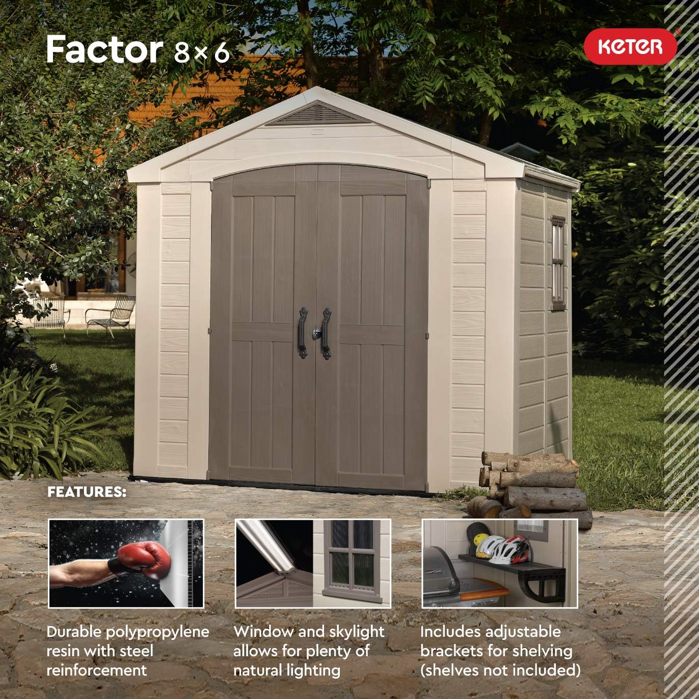Keter Factor 8x6 Large Resin Outdoor Storage Shed for Patio Furniture, Lawn Mower