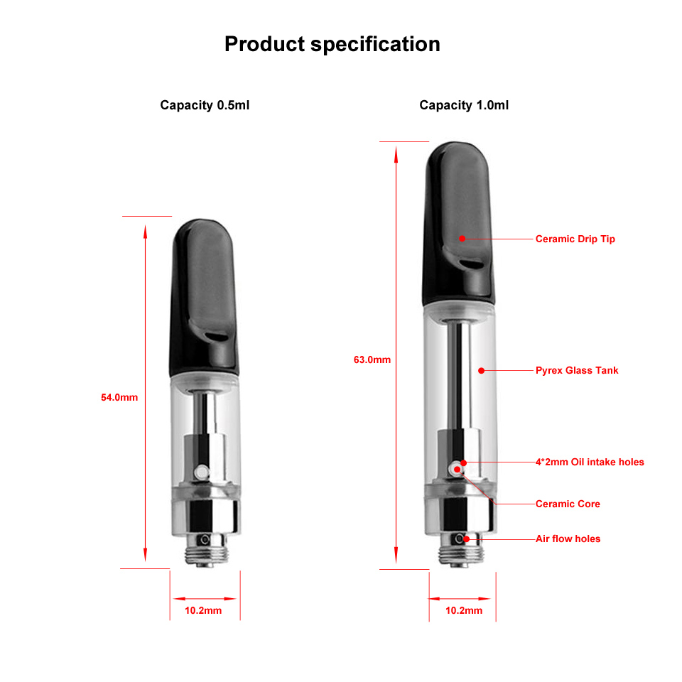 Vape Pen Cartridges Oil capacity 0.5ml 1ml Pyrex Glass Tank Ceramic Coil Vaporizer Atomizer 510 Thread Battery E Cigarette - levipo