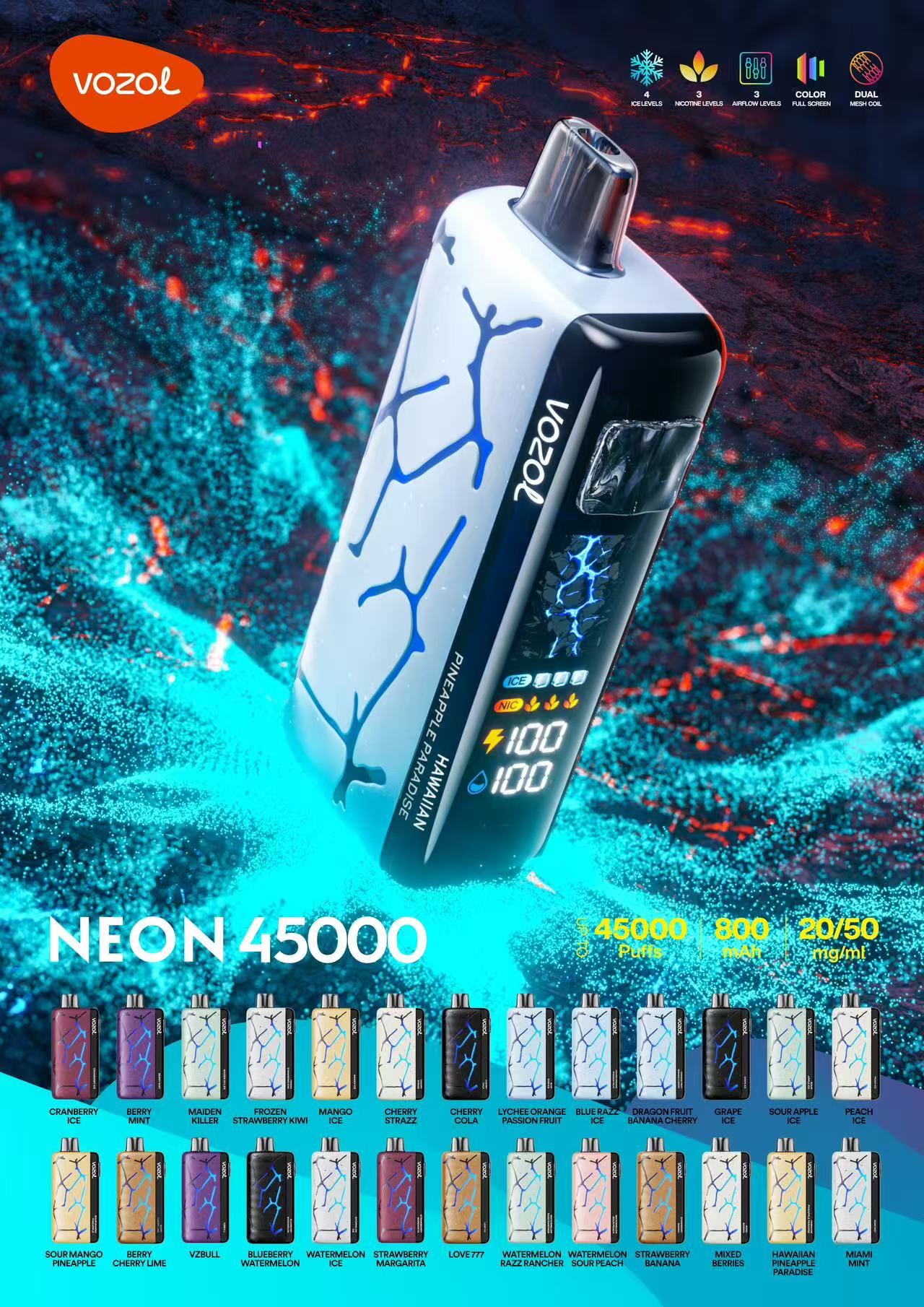 Vozol NEON 45k mesh coil vape 50mg with 4 levels ice control 3 nicotine levels Full screen - levipo