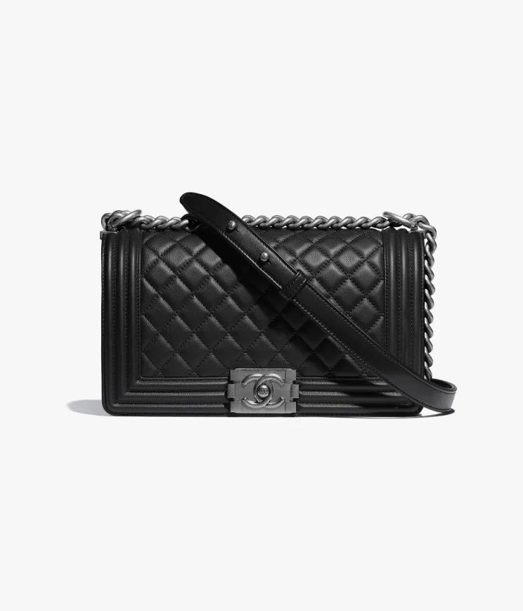 Grained Shiny Calfskin & Gold-Tone Metal Black