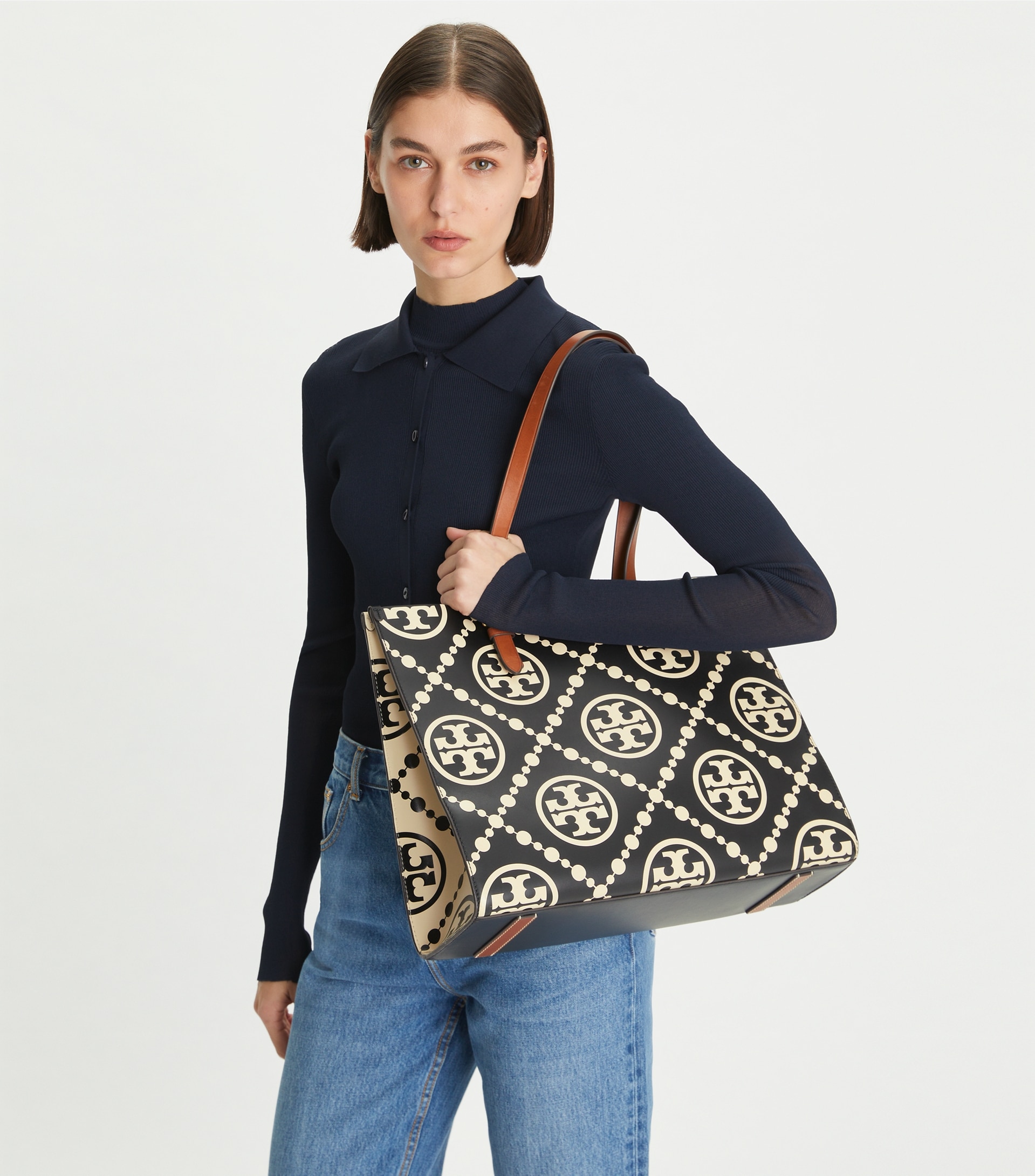 T MONOGRAM CONTRAST EMBOSSED TOTE