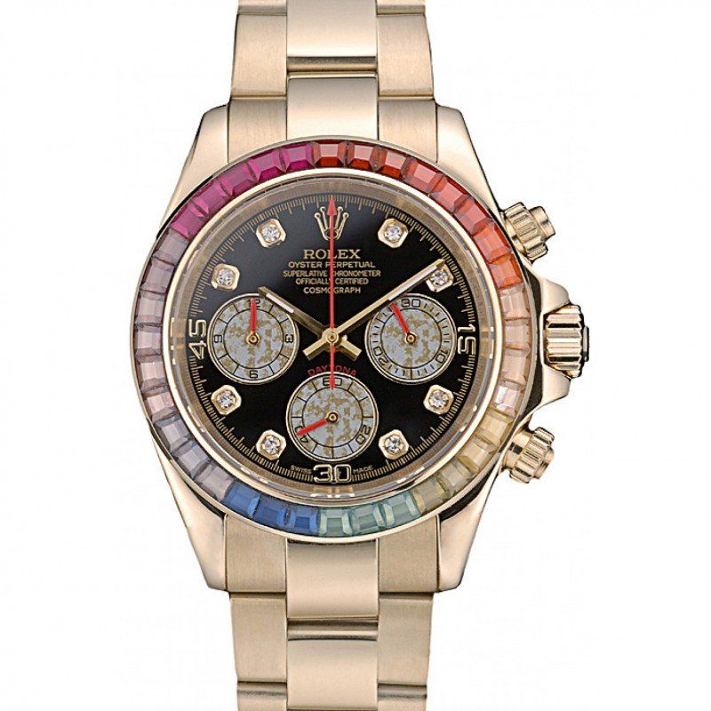 ROLEX Daytona Cosmograph Rainbow Crystals Bezel Rose Gold Strap Black Dial 80251