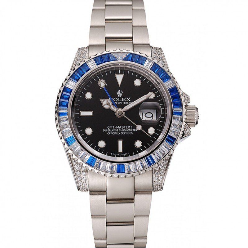 Swiss ROLEX GMT Master II Black Dial Stone Set Bezel Stainless Steel Case And Bracelet 1453747