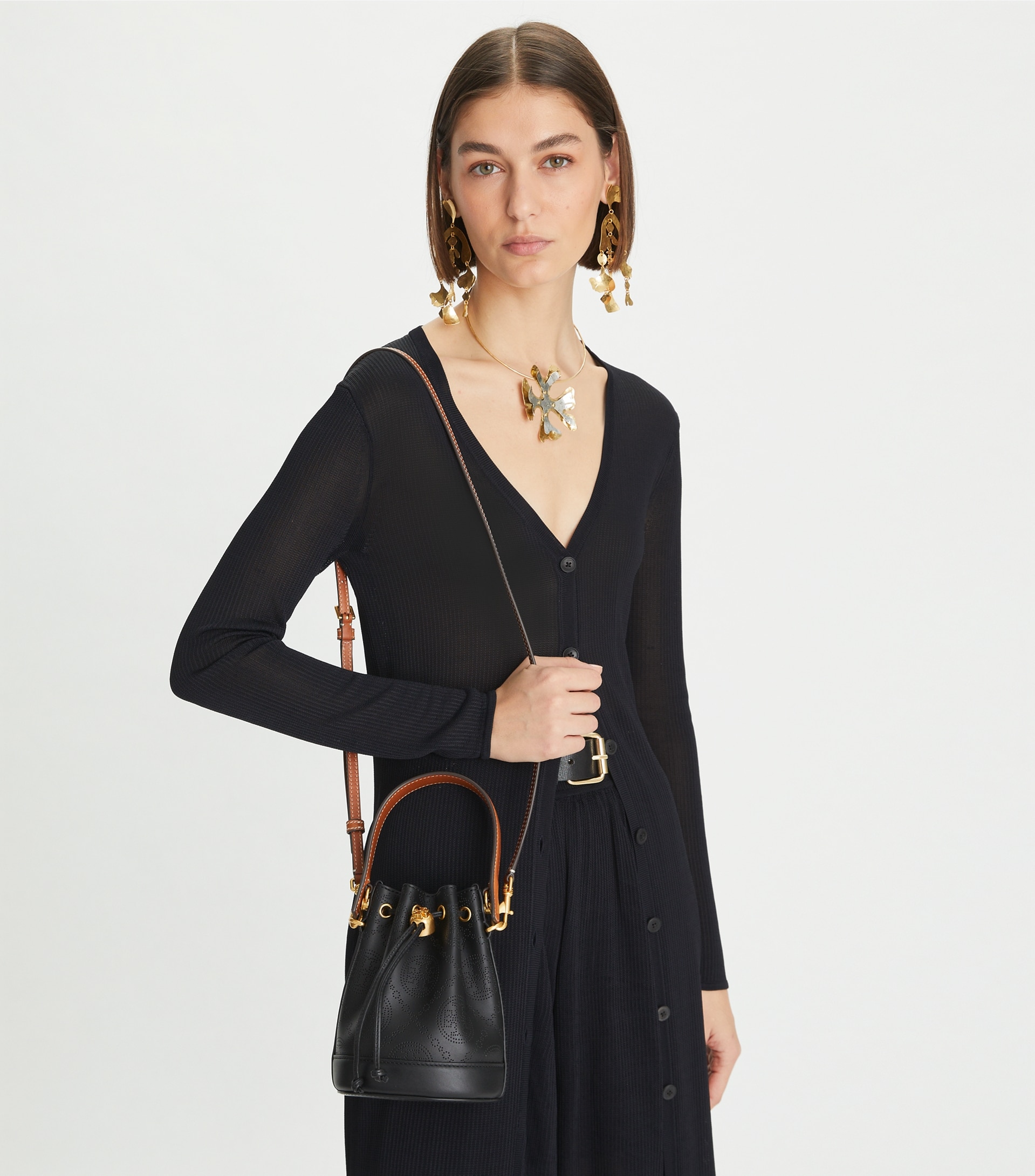 MINI T MONOGRAM PERFORATED LEATHER BUCKET BAG