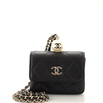 Chanel CC Pearl Coin Card Holder with Chain Quilted Caviar