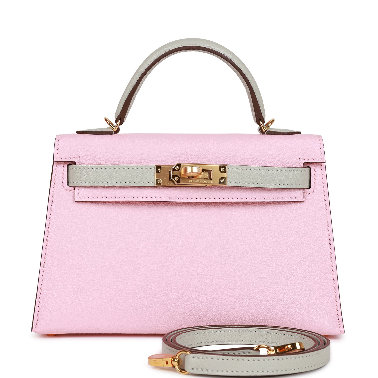 Hermès Special Order (HSS) Kelly Sellier 20 Rose Sakura and Gris Perle Chevre Gold Hardware