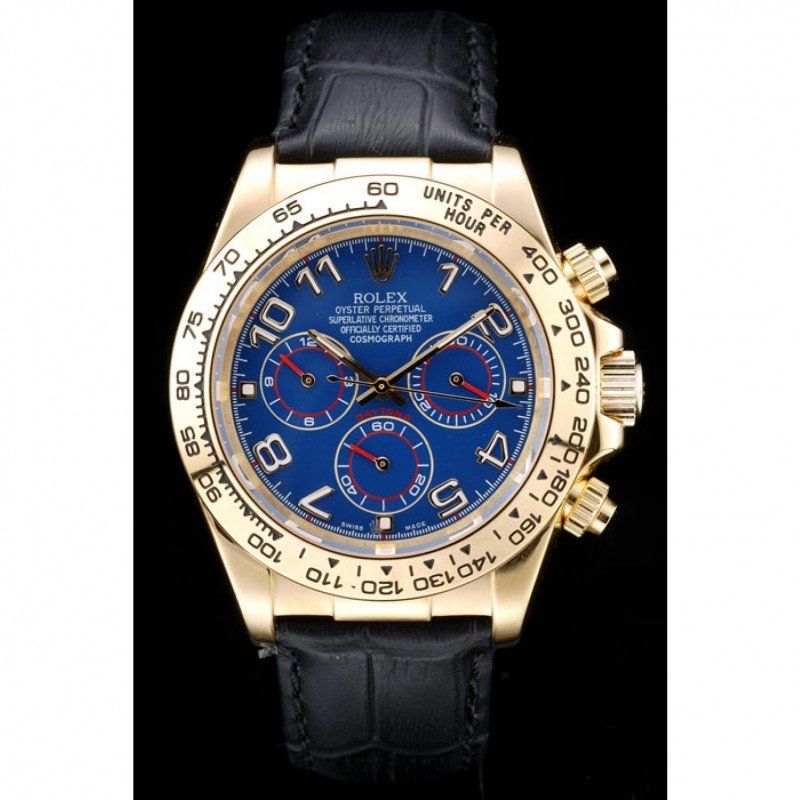 ROLEX Daytona Gold Case Blue Dial Black Leather Strap