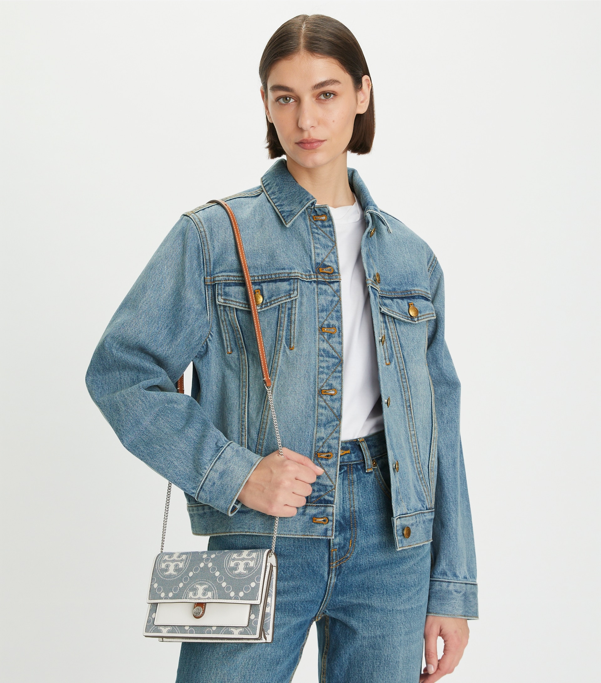 T MONOGRAM DENIM WALLET CROSSBODY